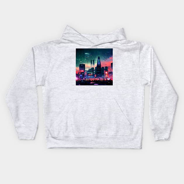 Cyberpunk City Night Kids Hoodie by Mihadom